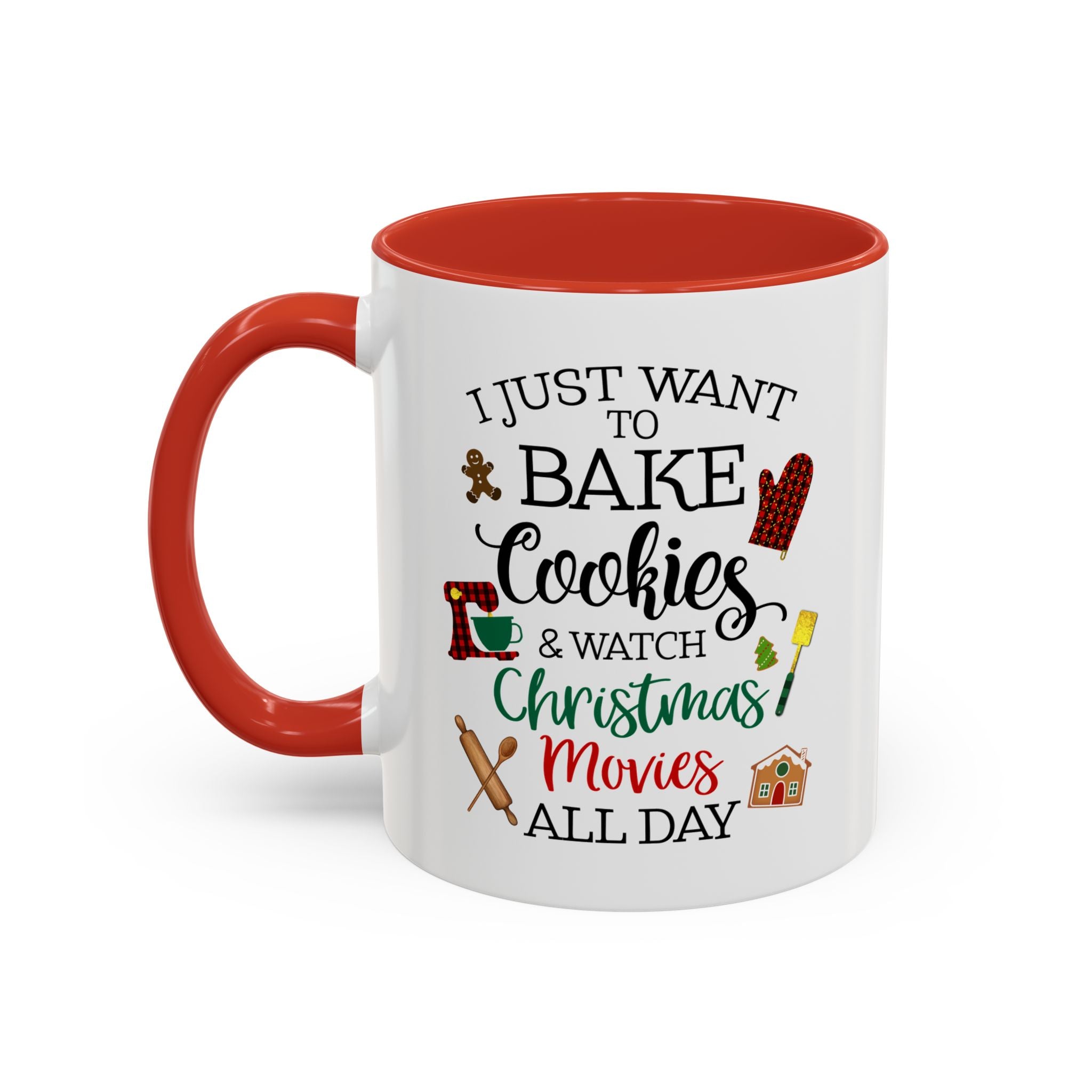 White mug with red interior and handle, featuring Christmas-themed text and graphics.