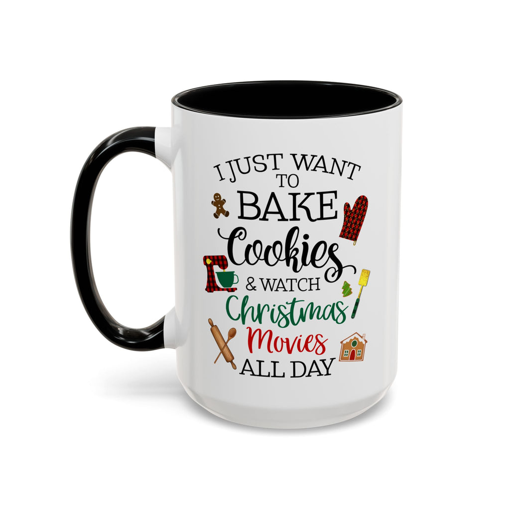 White mug with black interior and handle, featuring text and graphics about baking cookies and watching Christmas movies.