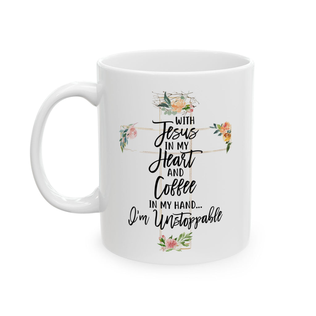 White mug with motivational quote and floral designs on a white background