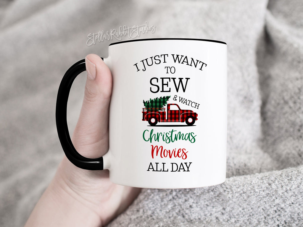 Quilter Mug, Sewing Mug, I Just Want To Watch CHRISTMAS MOVIES All Day, Buffalo Plaid, Christmas Tree Truck Mug, Christmas Mug, Quilt Mug