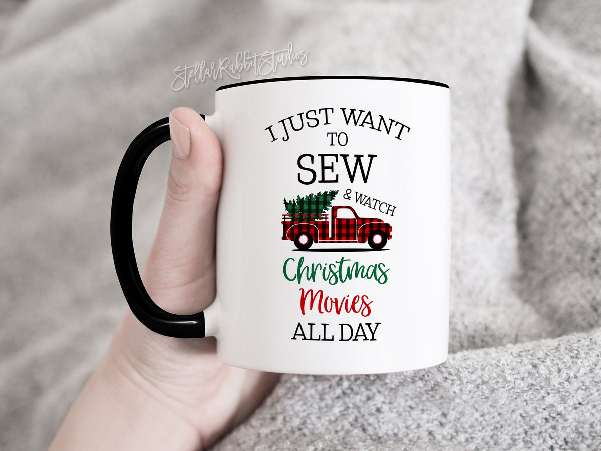 Quilter Mug, Sewing Mug, I Just Want To Watch CHRISTMAS MOVIES All Day, Buffalo Plaid, Christmas Tree Truck Mug, Christmas Mug, Quilt Mug