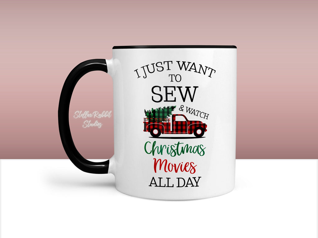 Quilter Mug, Sewing Mug, I Just Want To Watch CHRISTMAS MOVIES All Day, Buffalo Plaid, Christmas Tree Truck Mug, Christmas Mug, Quilt Mug