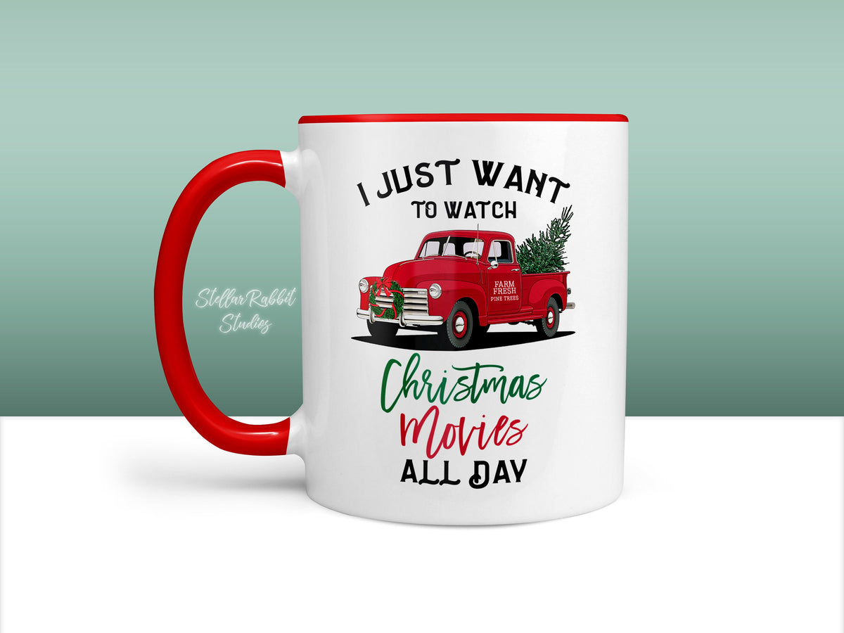 Christmas Gift, DRINK TEA and Watch Christmas Movies All Day, Christmas Tree Truck Mug, Tea Christmas Mug, Christmas Coffee Mug, Tea Cup