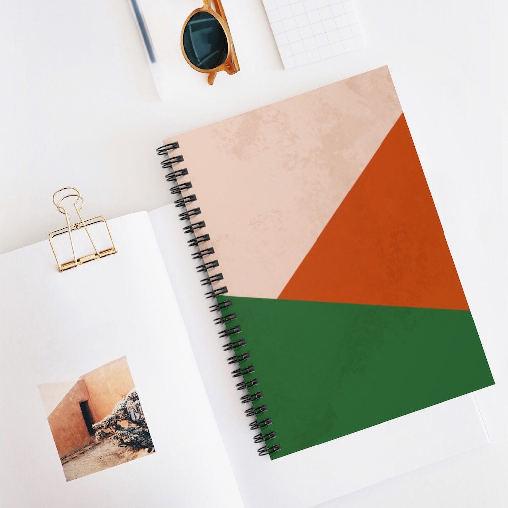 Minimal BOHO SPIRAL Notebook, Green & Terracotta Boho Notebook, Geometric Print, Notebook, Custom Notebook, Personalized Notebook, Notebook