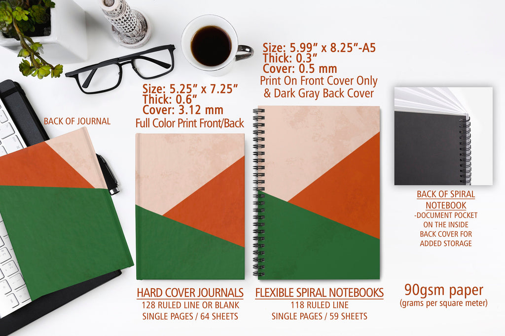 Minimal BOHO SPIRAL Notebook, Green & Terracotta Boho Notebook, Geometric Print, Notebook, Custom Notebook, Personalized Notebook, Notebook