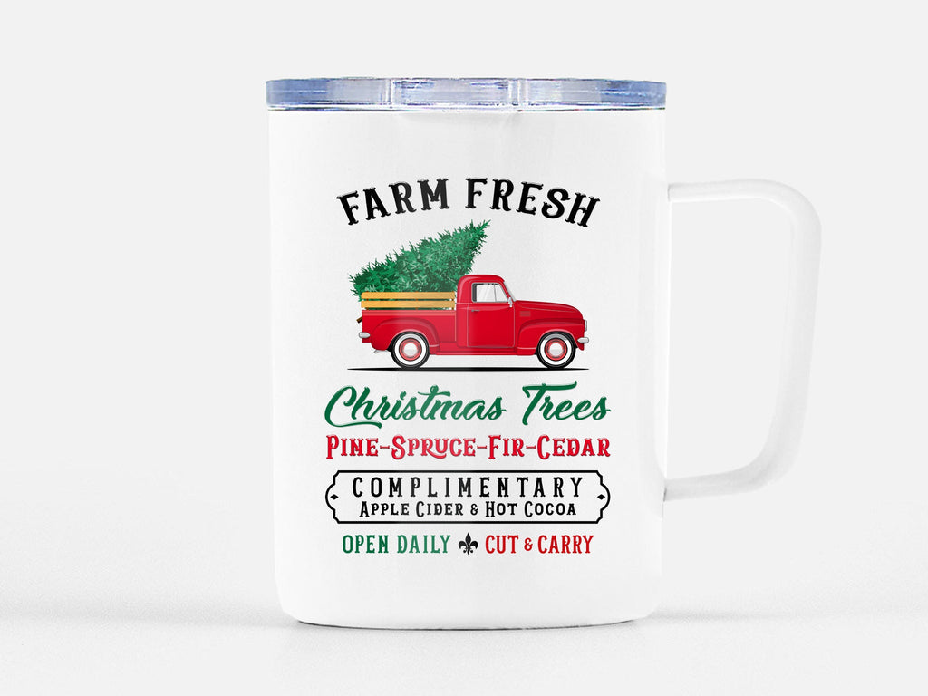 Christmas Travel Mug, Farm Fresh Christmas Trees, Christmas Mug, 10 oz Tumbler, Stainless Steel Cup, Red Truck Mug, Christmas Truck, Tree