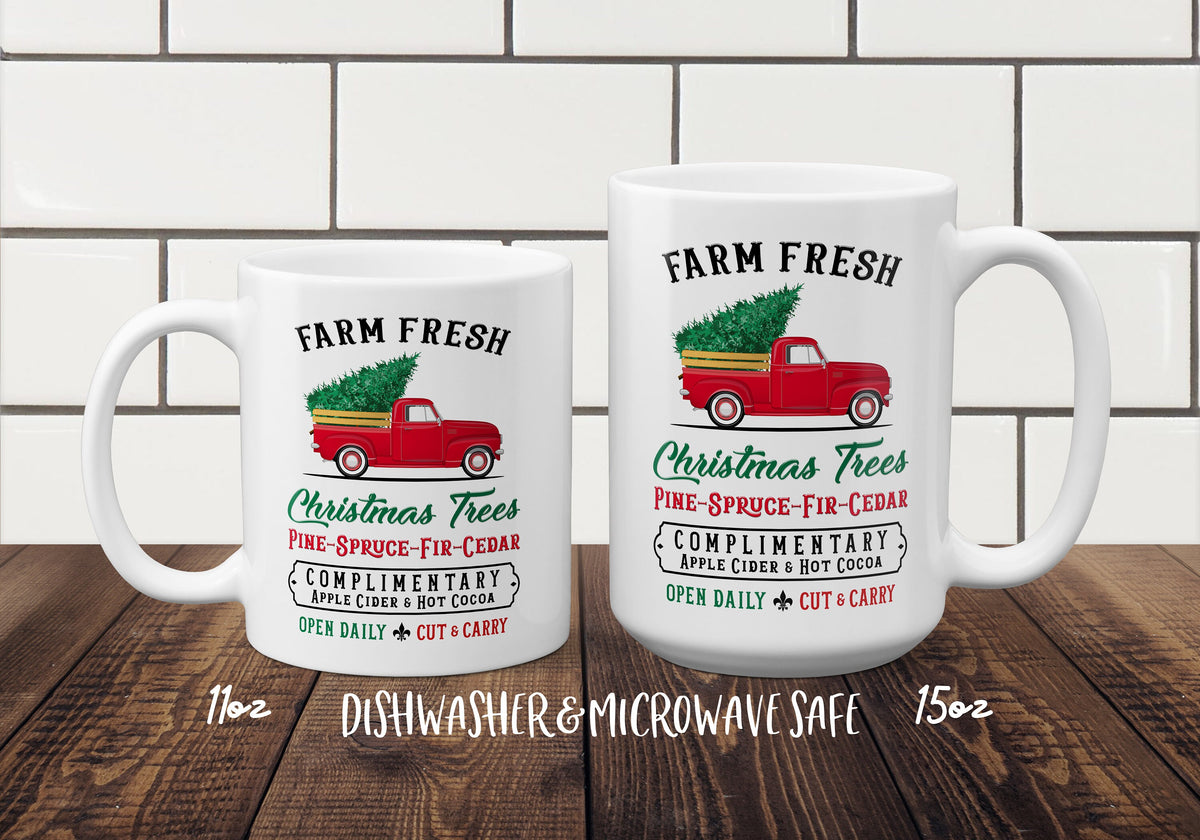 Christmas Travel Mug, Farm Fresh Christmas Trees, Christmas Mug, 10 oz Tumbler, Stainless Steel Cup, Red Truck Mug, Christmas Truck, Tree