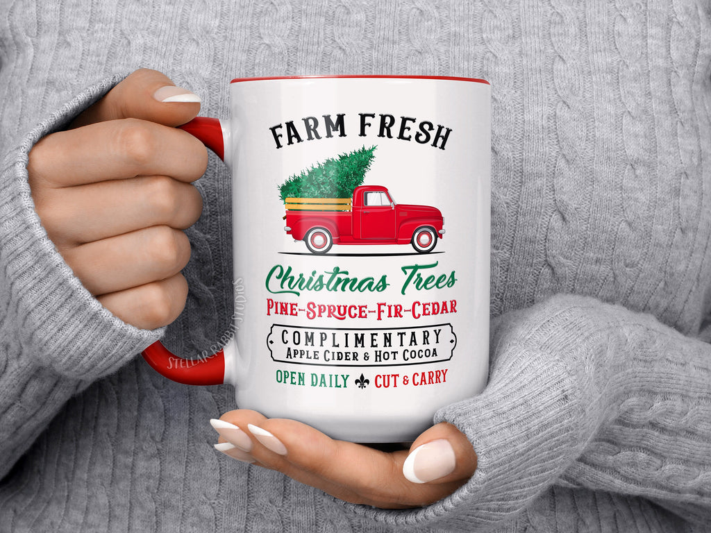 Christmas Travel Mug, Farm Fresh Christmas Trees, Christmas Mug, 10 oz Tumbler, Stainless Steel Cup, Red Truck Mug, Christmas Truck, Tree
