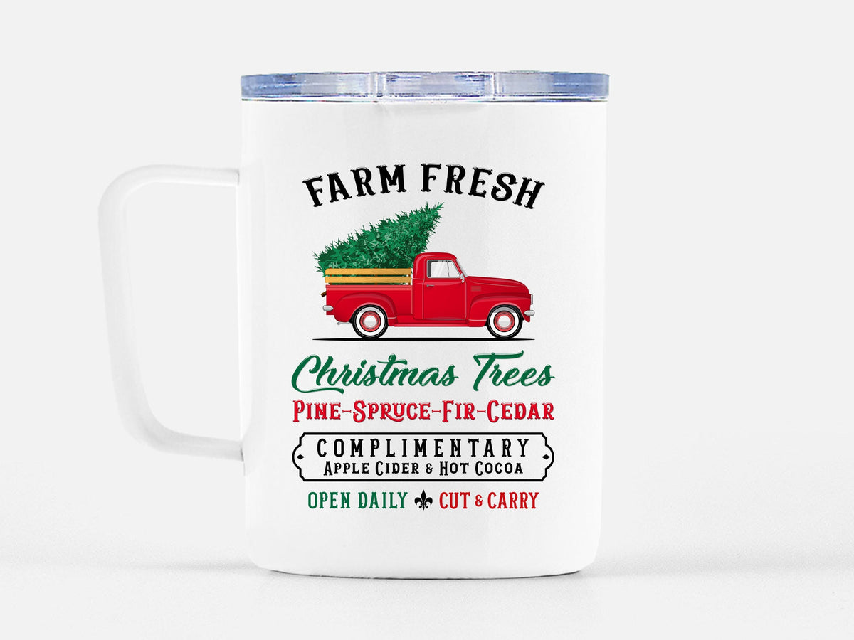 Christmas Travel Mug, Farm Fresh Christmas Trees, Christmas Mug, 10 oz Tumbler, Stainless Steel Cup, Red Truck Mug, Christmas Truck, Tree