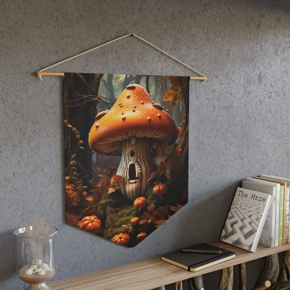 Mushroom Cottage Pennant: Fall Fantasy Art Wall Hanging