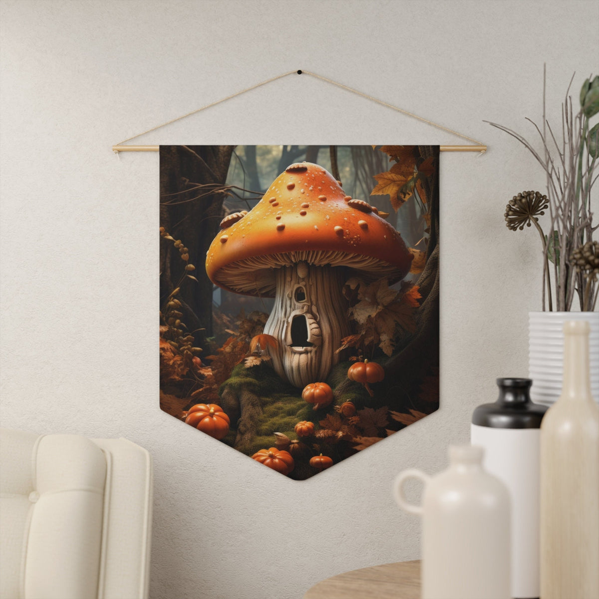 Mushroom Cottage Pennant: Fall Fantasy Art Wall Hanging