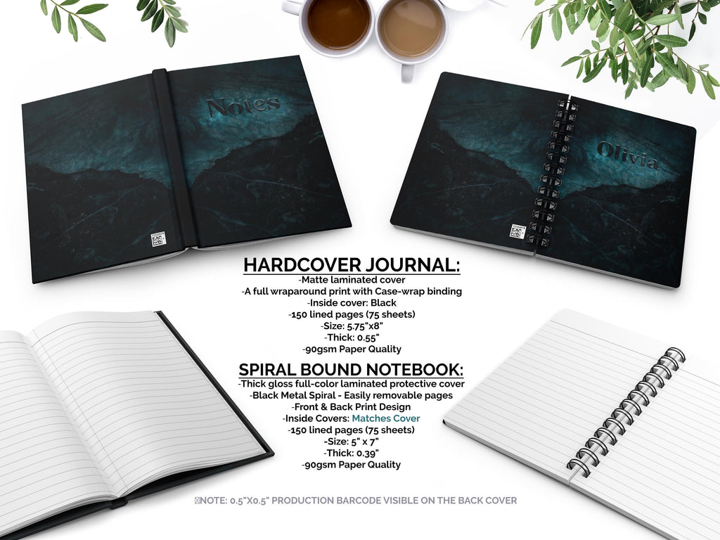 Personalized Notebook, Dark Marble Journal, Custom Name Journal, Ocean Inspired Notebook, Teal and Black Journal, Gift for Writers, Sprial