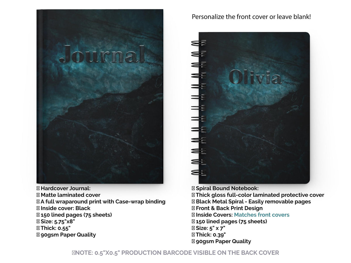 Personalized Notebook, Dark Marble Journal, Custom Name Journal, Ocean Inspired Notebook, Teal and Black Journal, Gift for Writers, Sprial