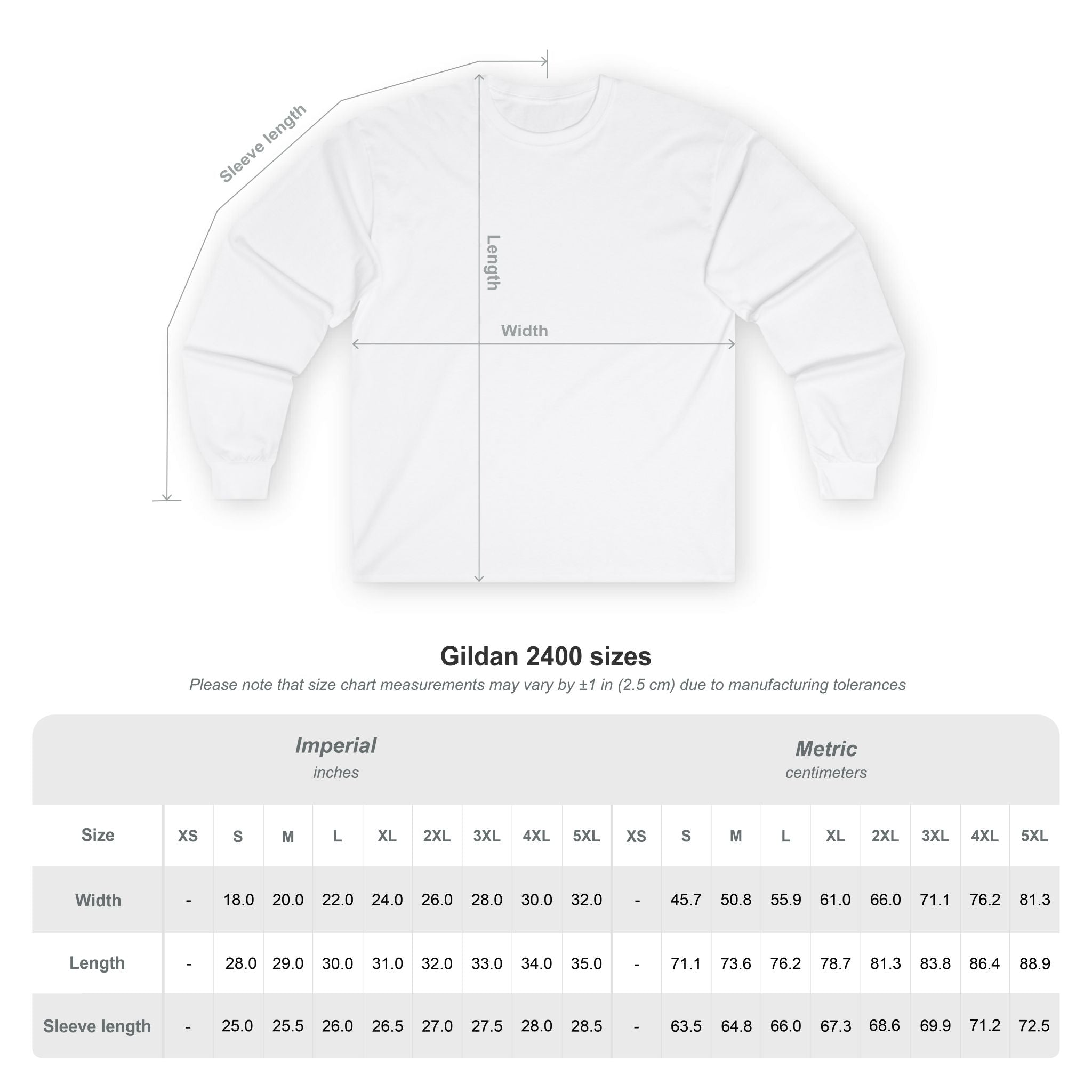 Gildan 2400 size chart for a white sweatshirt with measurements in inches and centimeters.