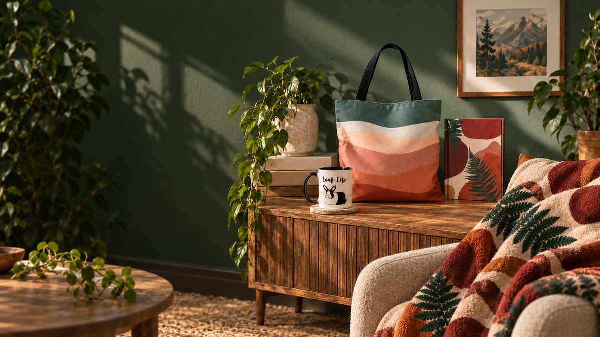 Stellar Rabbit Studios terracotta tote bag, fern journal, Loaf Life rabbit mug, and rust fern blanket in a warm artful room
