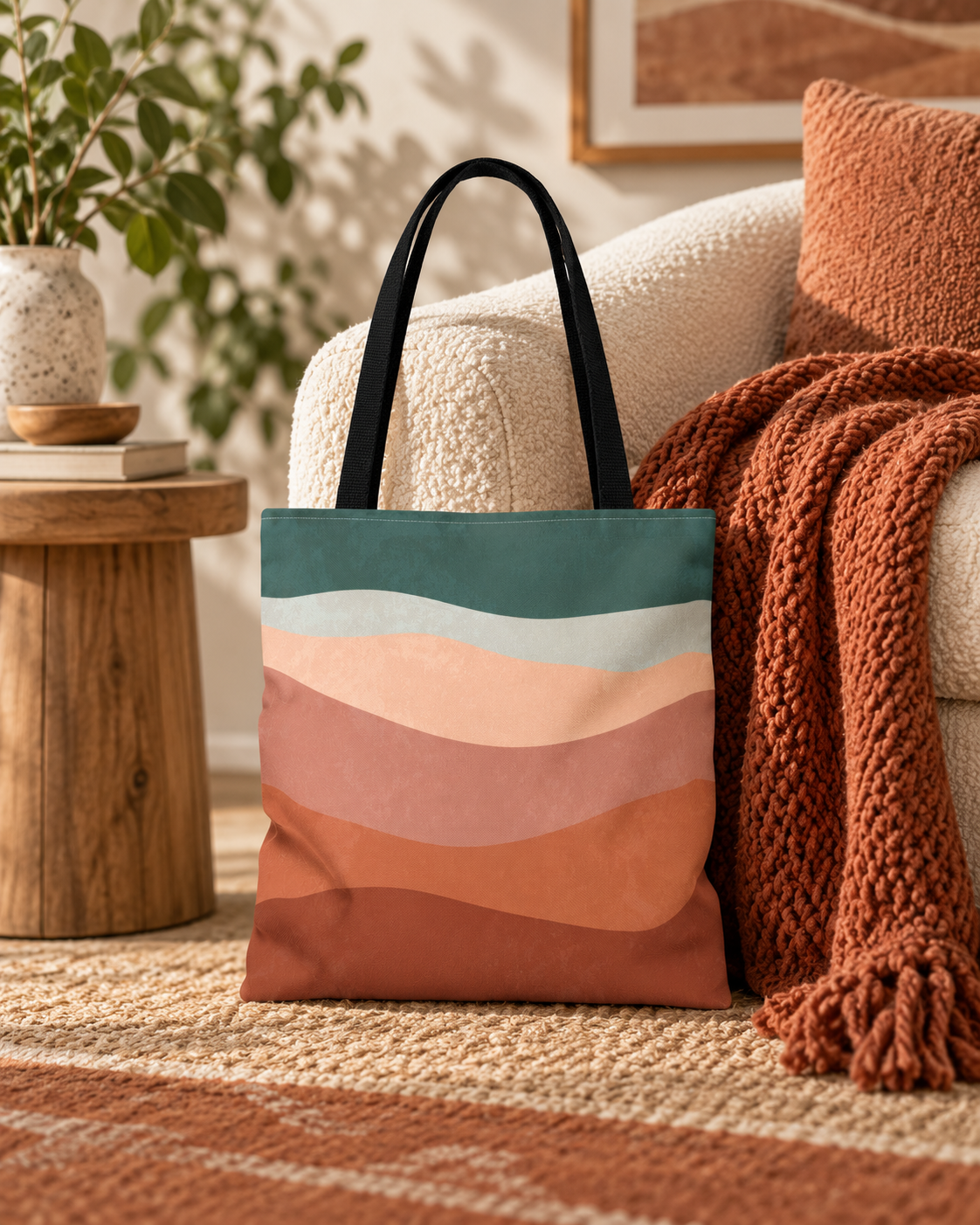 Abstract Boho Hills tote beside a cream chair and rust blanket