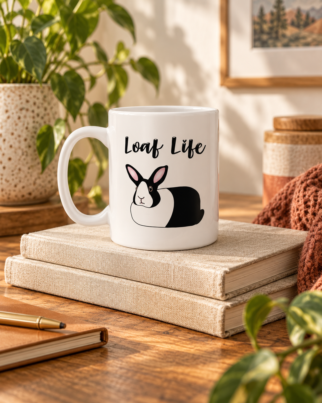 Loaf Life Dutch rabbit mug on books in a warm reading corner