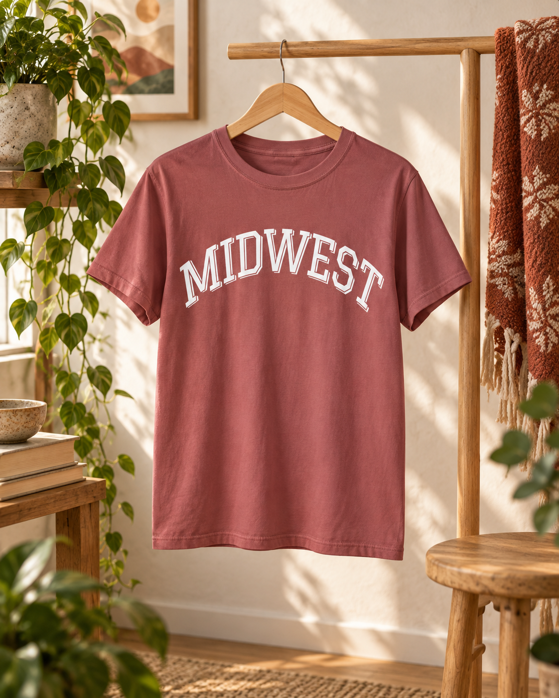 MIDWEST T-shirt hanging in a warm sunlit studio
